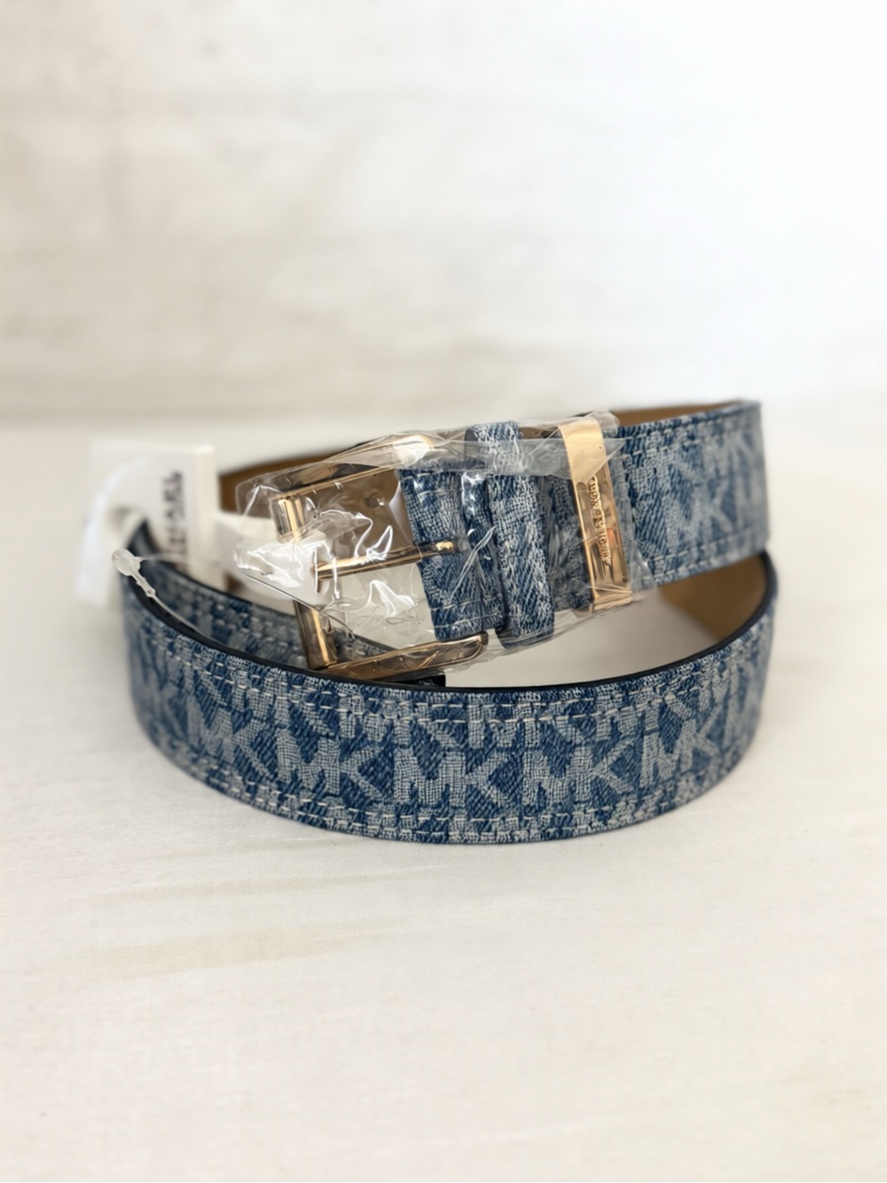Michael Kors Men's Denim Blue MK Logo Belt with Gold Hardware